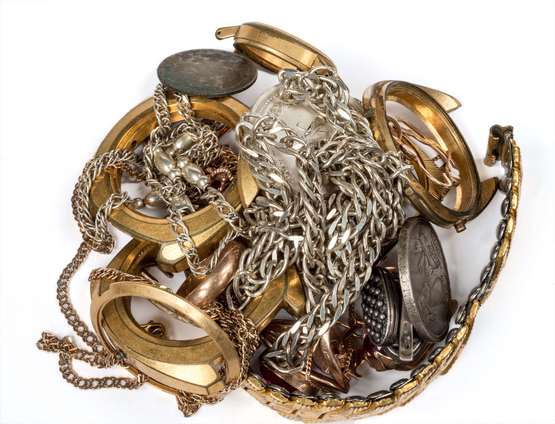 A scrap of precious metals. Old and broken jewelry, watches of gold and silver